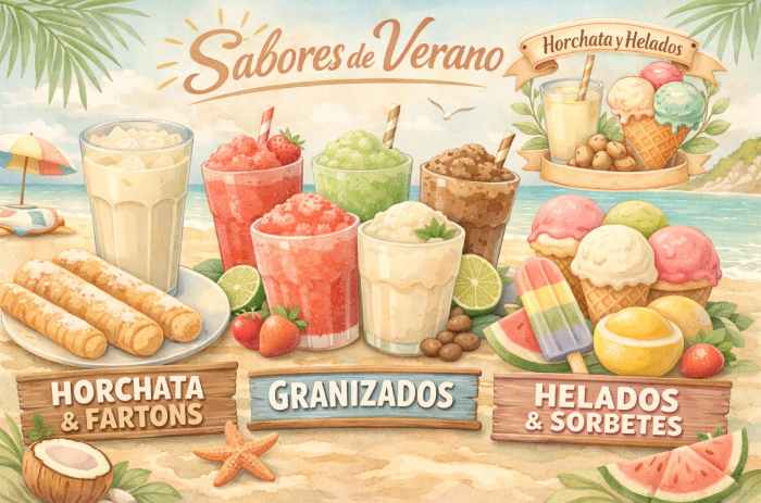 Campaña de verano de Horchata y Helados Tortajada con horchata, helados, fartons, granizados y sorbetes
